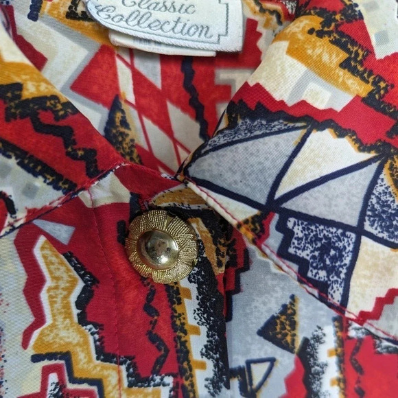 Vintage Classic Collection Blouse Red/Gray/Blue/Gold Geometric Pattern Size 18 - Picture 10 of 11